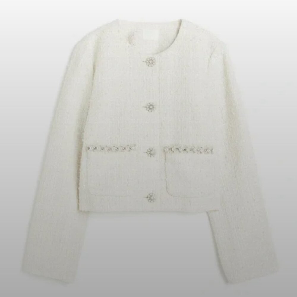 H&M Tweed Sparkly Beaded Long Sleeve Single Breasted Blazer